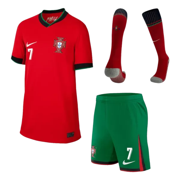RONALDO #7 Portugal Home Kids Soccer Jerseys Full Kit EURO 2024